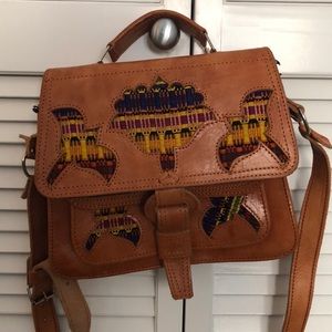 Handmade leather bag with Mayan embroidery